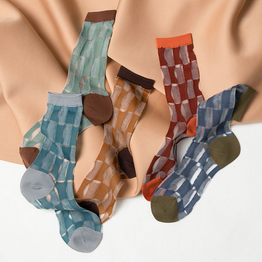 Transparent Check Grid Pattern Crew Socks (5 Colours)