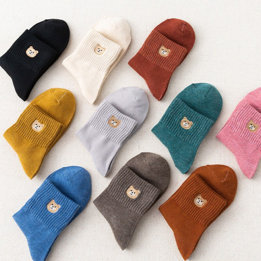 Teddy Bear Embroidery Crew Socks (10 Colours)