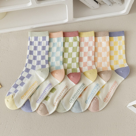 Pastel Checkerboard Pattern Crew Socks (6 Colours)