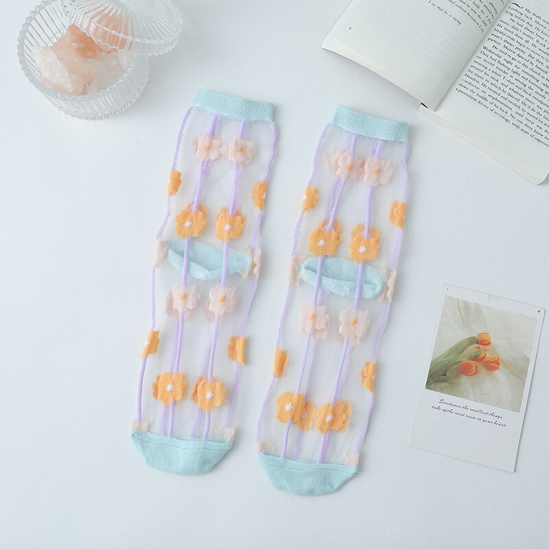 Transparent Flower Pattern Ankle Socks (5 Designs)