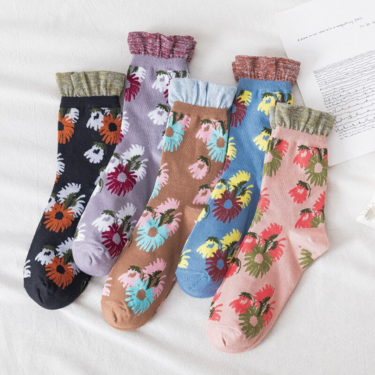 Glitter Ruffle Flower Crew Socks (5 Colours)