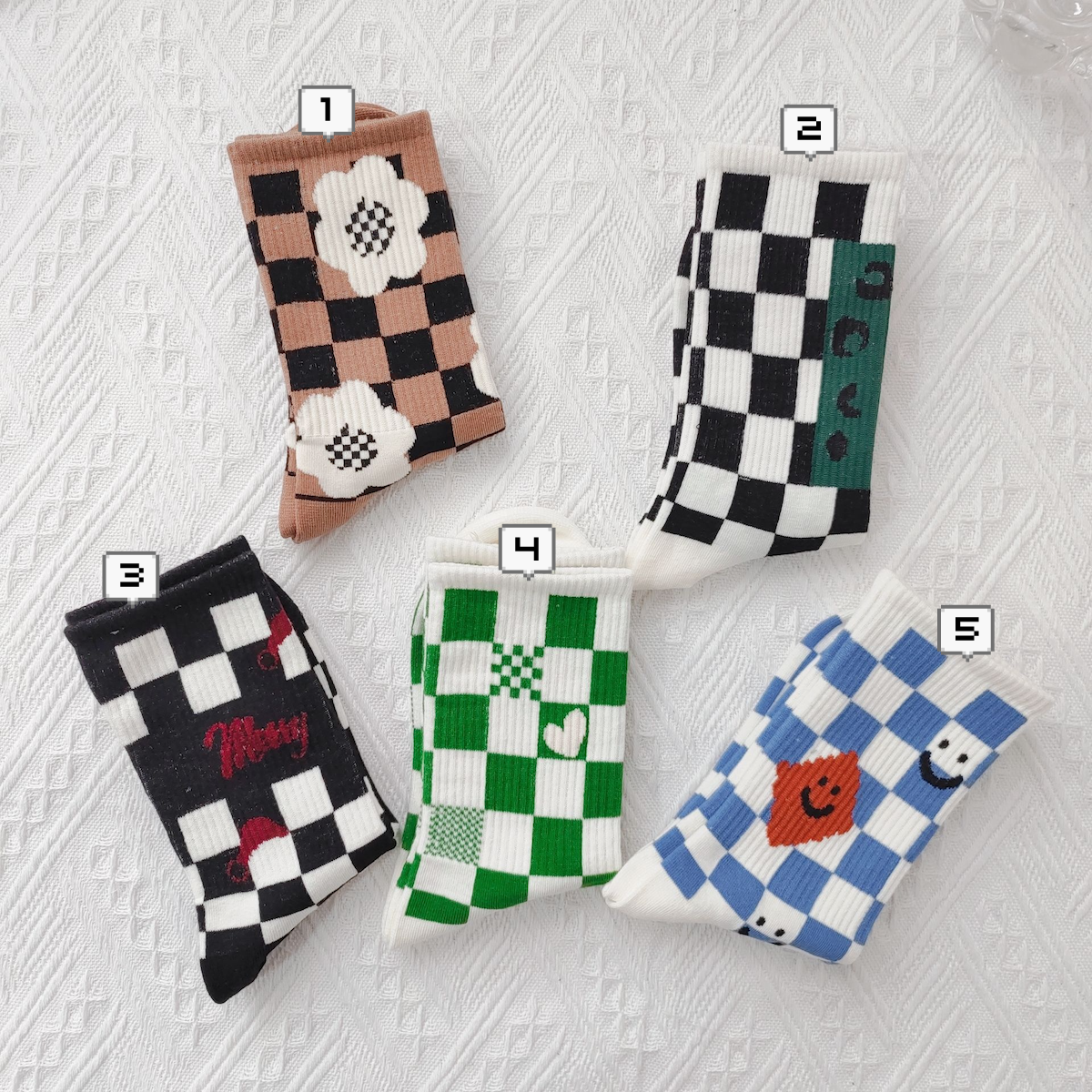 Checkerboard Pattern Ankle Socks (5 Designs)